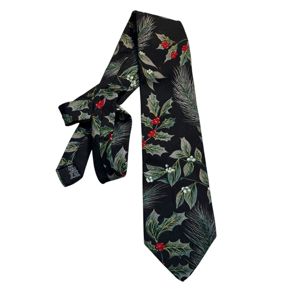Vintage Hallmark NeckTie Black Holly Pine Green Red Gold Yule Tie Greeting